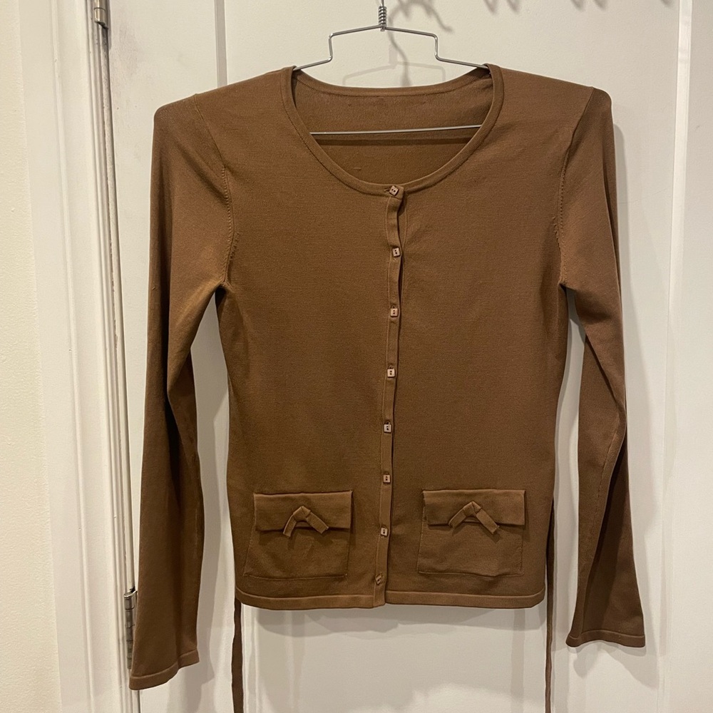 Silk Brown Button-Up Women's cardigan with tie waist - Picture 3 of 16